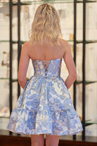 Thora | A - Line Strapless Blue Satin Short Homecoming Dresses with Pockets - KissProm