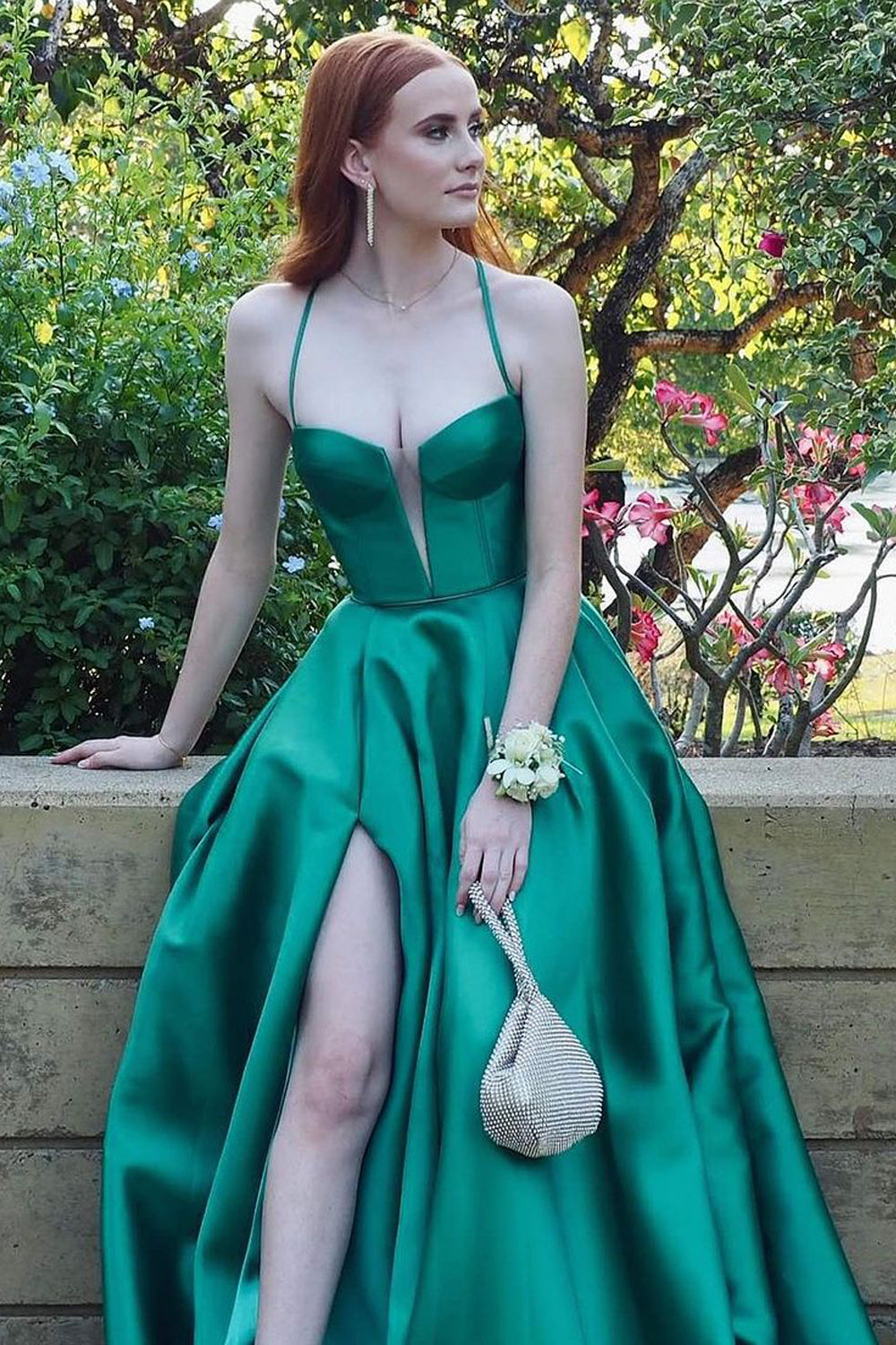A Line Sweetheart Green Satin Long Prom Dresses with Slit