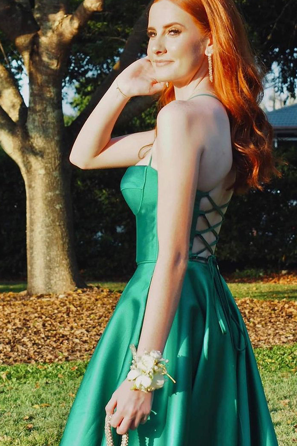 A Line Sweetheart Green Satin Long Prom Dresses with Slit