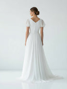 KissDress-Liora  A Line V-neck Chiffon Floor-length Brush Train Short Sleeve Wedding Dress with Ruffles