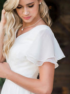 KissDress-Liora  A Line V-neck Chiffon Floor-length Brush Train Short Sleeve Wedding Dress with Ruffles