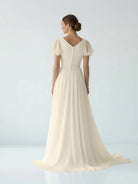 KissDress-Liora  A Line V-neck Chiffon Floor-length Brush Train Short Sleeve Wedding Dress with Ruffles
