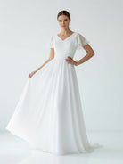 KissDress-Liora  A Line V-neck Chiffon Floor-length Brush Train Short Sleeve Wedding Dress with Ruffles