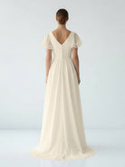 KissDress-Liora  A Line V-neck Chiffon Floor-length Brush Train Short Sleeve Wedding Dress with Ruffles