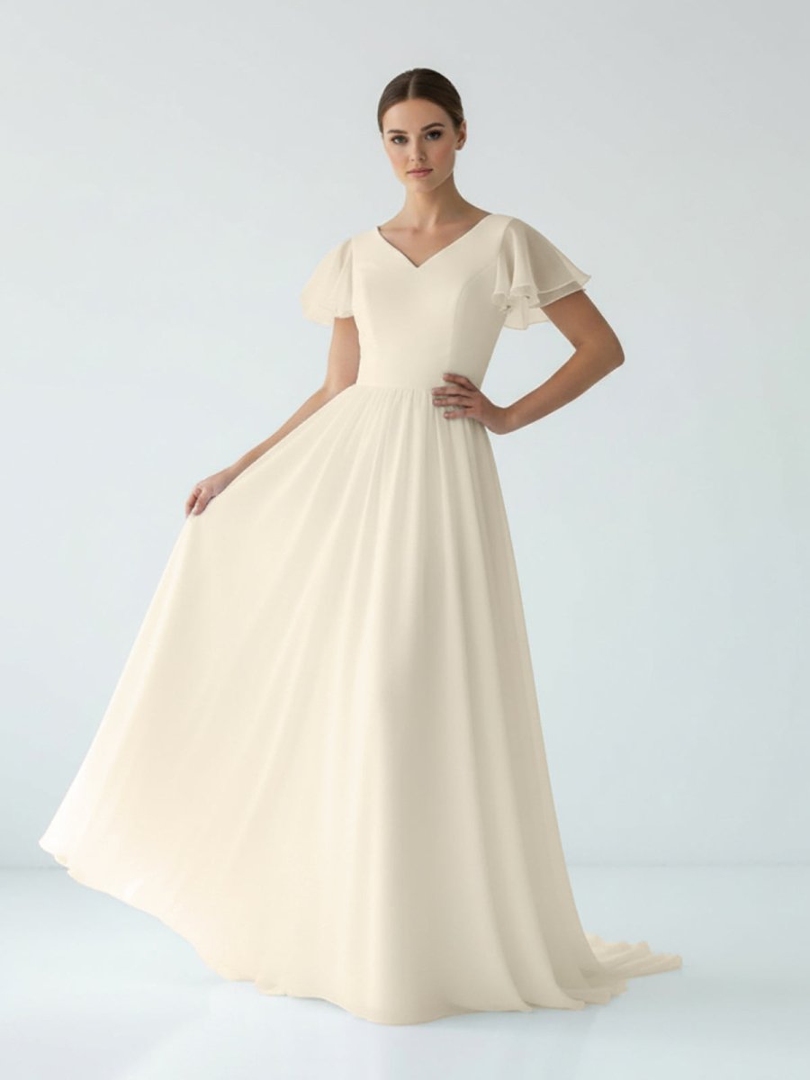 KissDress-Liora  A Line V-neck Chiffon Floor-length Brush Train Short Sleeve Wedding Dress with Ruffles