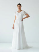KissDress-Liora  A Line V-neck Chiffon Floor-length Brush Train Short Sleeve Wedding Dress with Ruffles