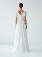 KissDress-Liora  A Line V-neck Chiffon Floor-length Brush Train Short Sleeve Wedding Dress with Ruffles