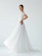KissDress-Liora  A Line V-neck Chiffon Floor-length Brush Train Short Sleeve Wedding Dress with Ruffles