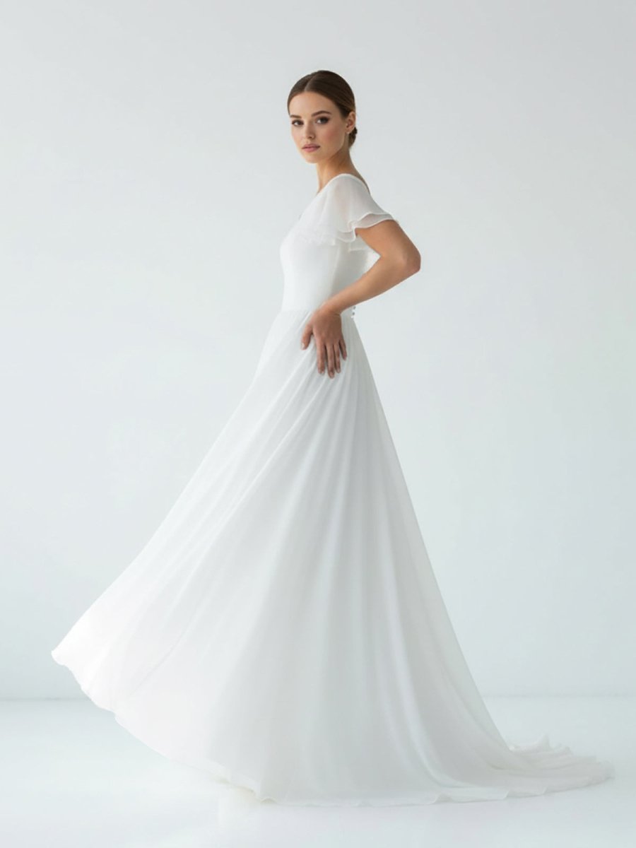 KissDress-Liora  A Line V-neck Chiffon Floor-length Brush Train Short Sleeve Wedding Dress with Ruffles