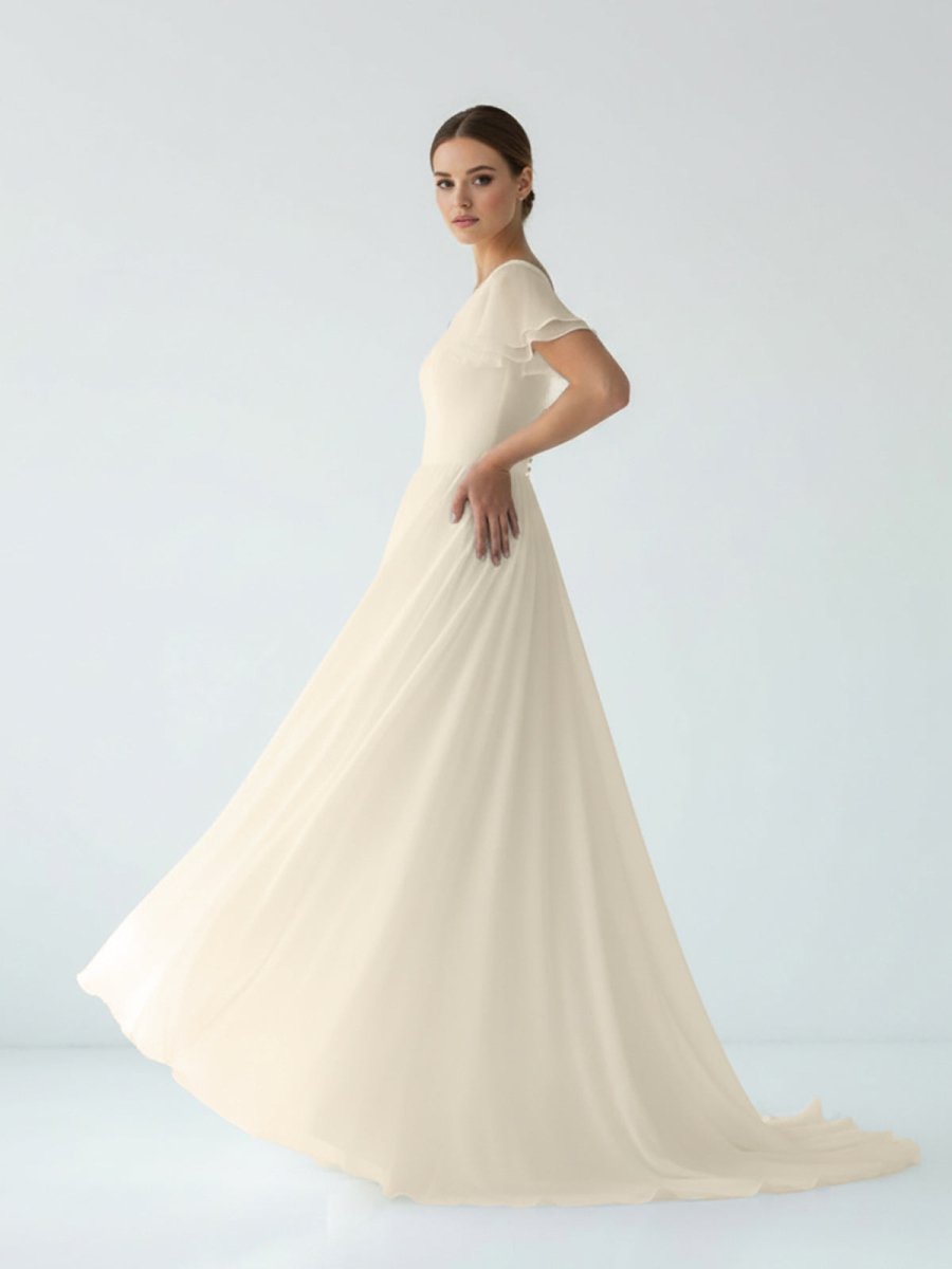 KissDress-Liora  A Line V-neck Chiffon Floor-length Brush Train Short Sleeve Wedding Dress with Ruffles