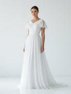 KissDress-Liora  A Line V-neck Chiffon Floor-length Brush Train Short Sleeve Wedding Dress with Ruffles