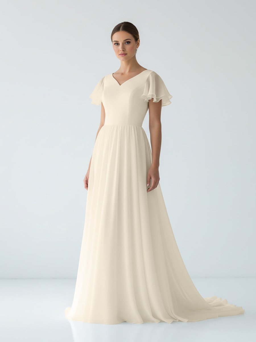 KissDress-Liora  A Line V-neck Chiffon Floor-length Brush Train Short Sleeve Wedding Dress with Ruffles