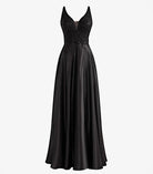 Colette |A - Line V - Neck Satin Prom Dress with Slit - KissProm