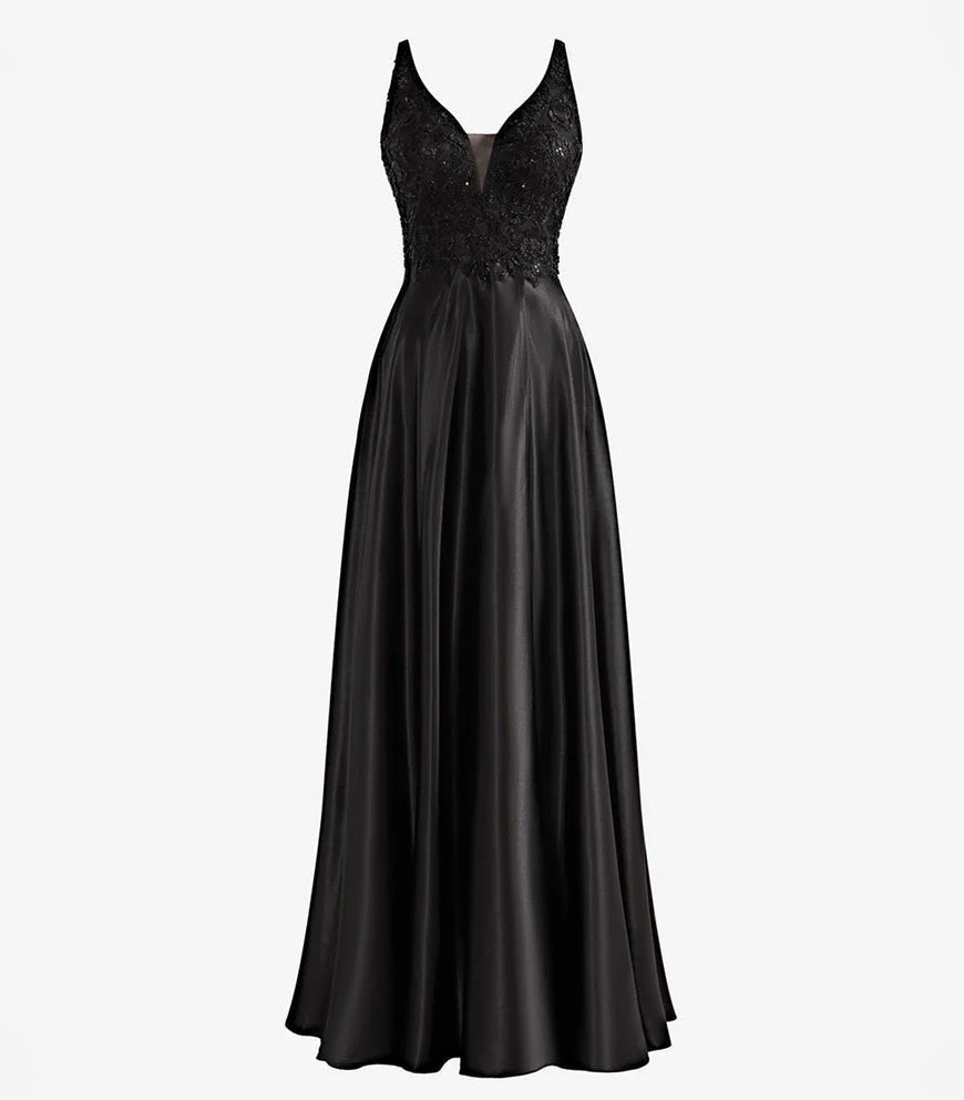 Colette |A - Line V - Neck Satin Prom Dress with Slit - KissProm