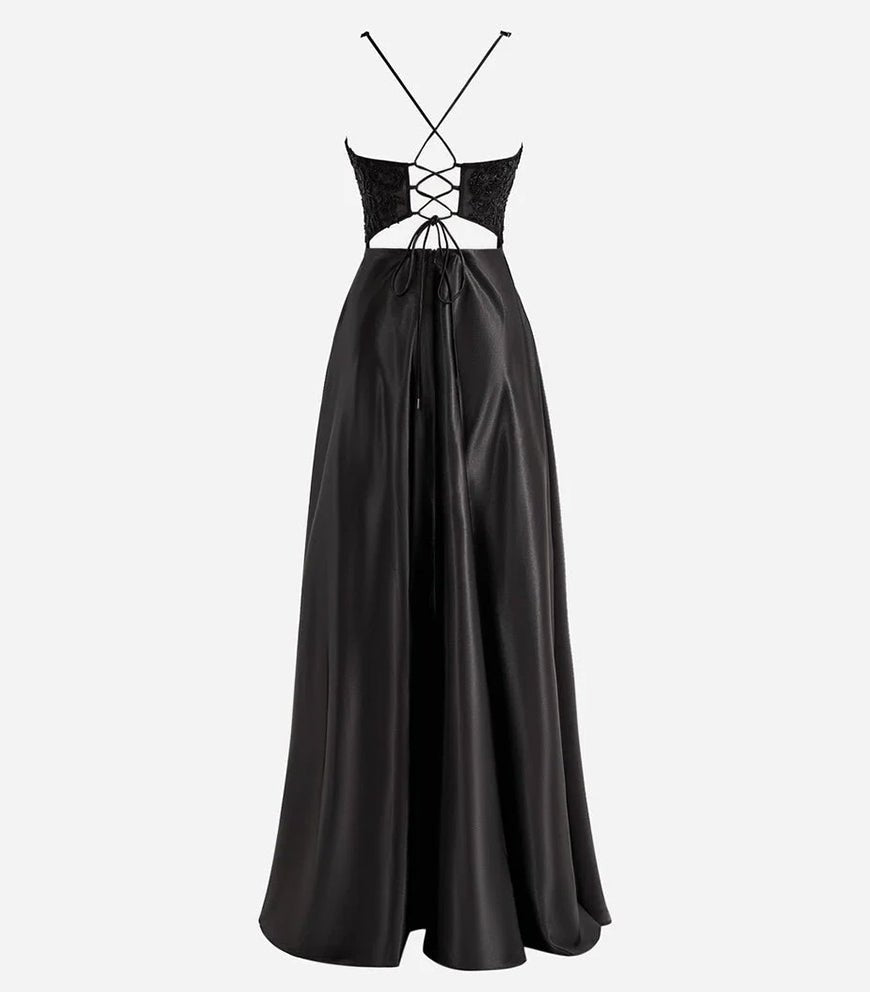 Colette |A - Line V - Neck Satin Prom Dress with Slit - KissProm