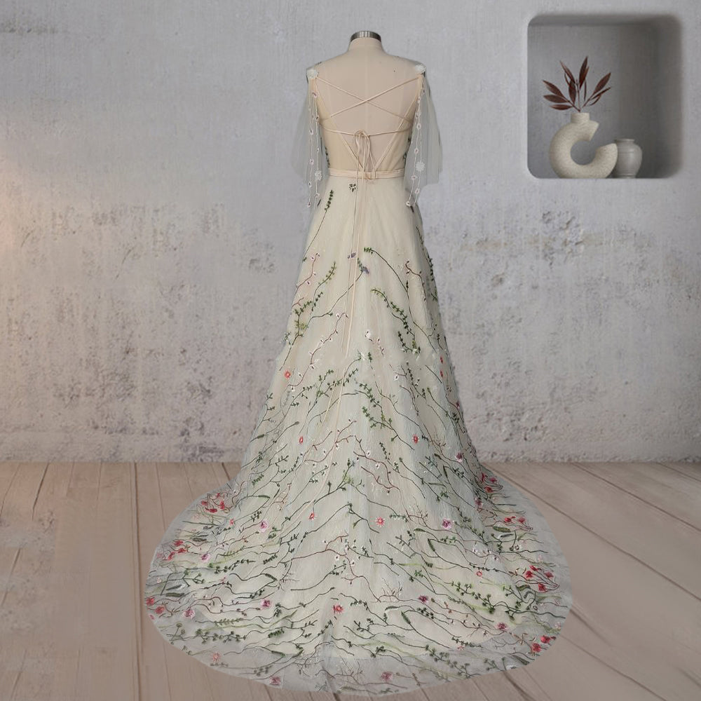 A-Line V Neck Sleeveless Floral Enchantment Boho Wedding Dress