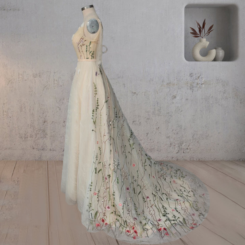 A-Line V Neck Sleeveless Floral Enchantment Boho Wedding Dress