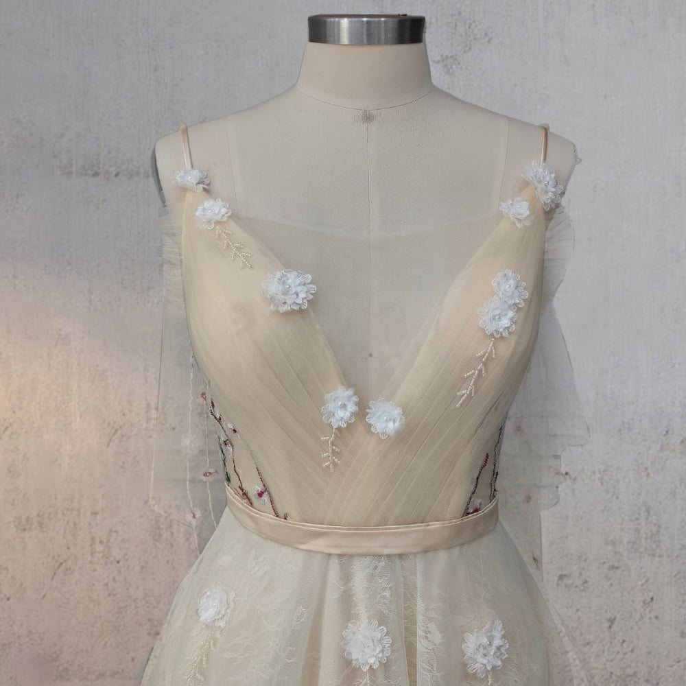 A-Line V Neck Sleeveless Floral Enchantment Boho Wedding Dress