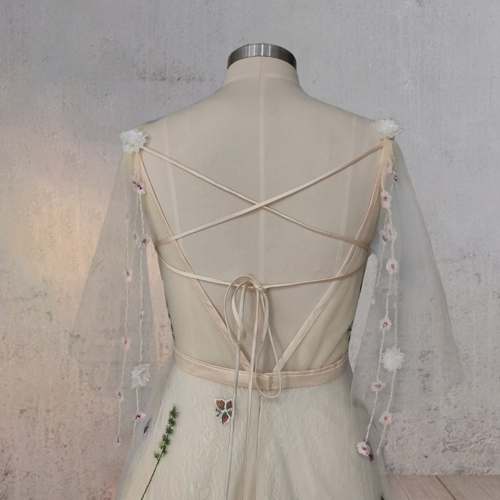 A-Line V Neck Sleeveless Floral Enchantment Boho Wedding Dress