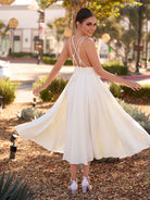 A - Line V - Neck Sleeveless Satin Knee - Length Wedding Dress - KissProm