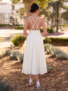 A - Line V - Neck Sleeveless Satin Knee - Length Wedding Dress - KissProm
