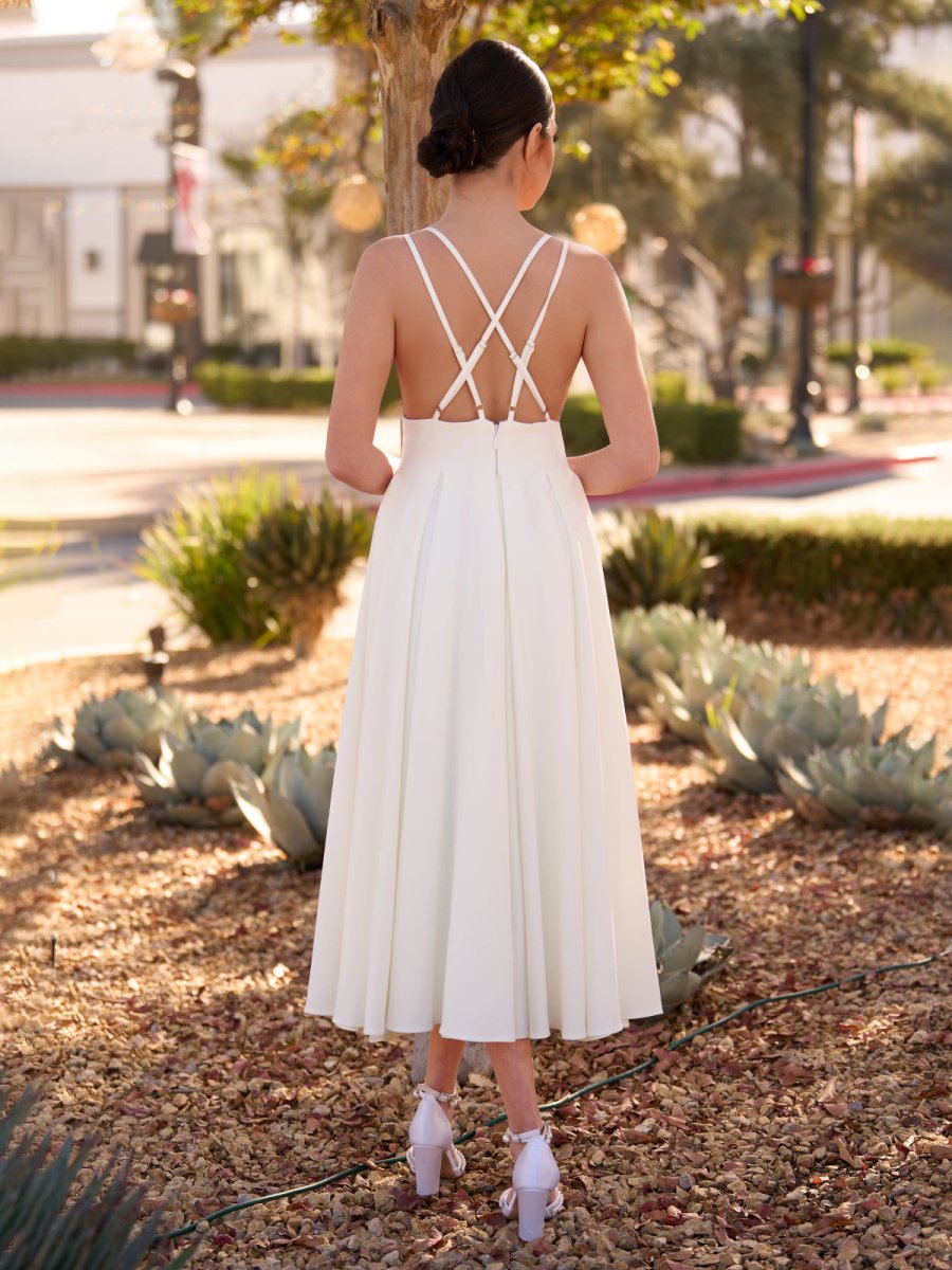 A - Line V - Neck Sleeveless Satin Knee - Length Wedding Dress - KissProm