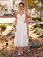 A - Line V - Neck Sleeveless Satin Knee - Length Wedding Dress - KissProm