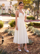 A - Line V - Neck Sleeveless Satin Knee - Length Wedding Dress - KissProm