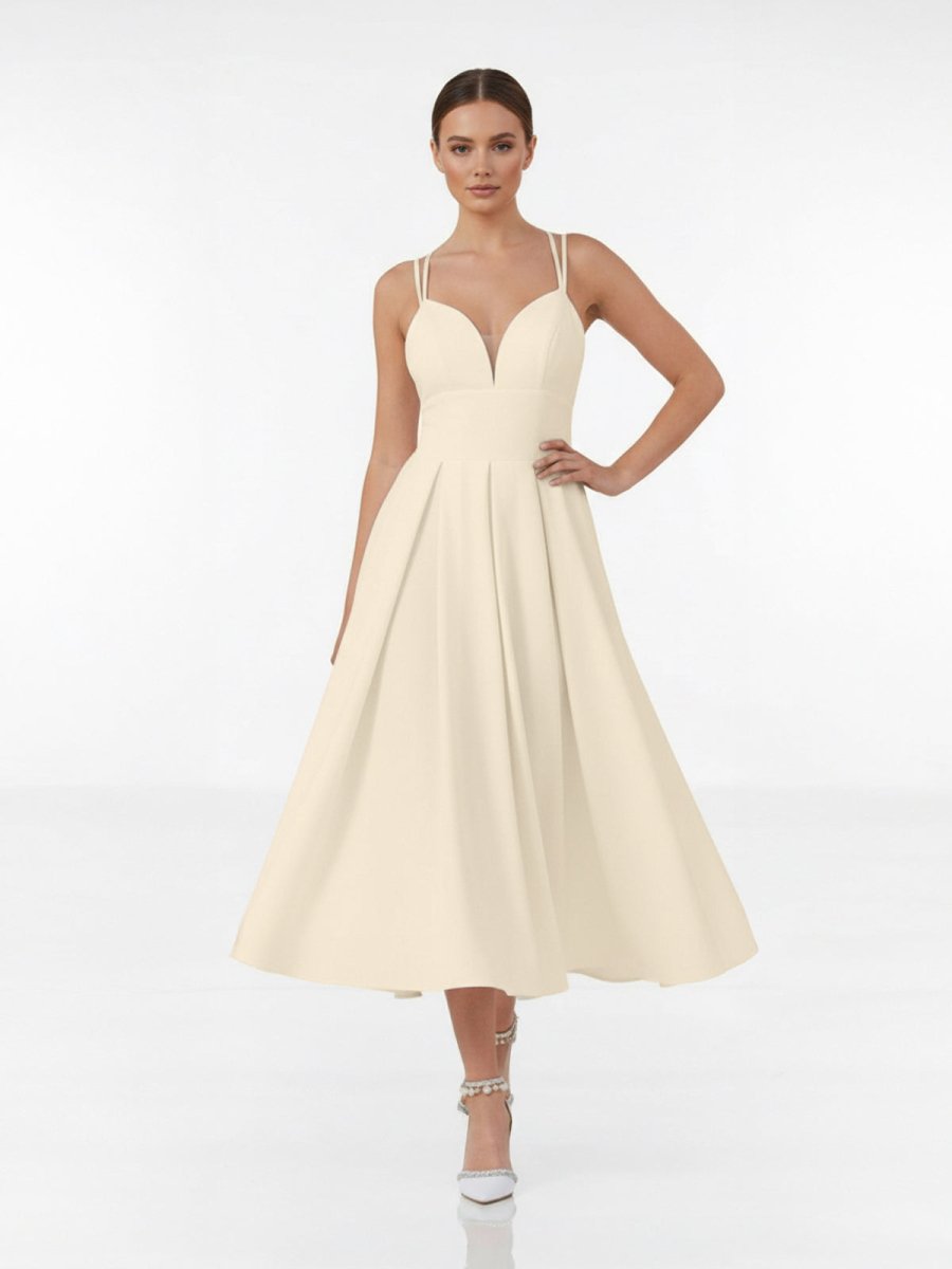 Valene | A-Line V-Neck Sleeveless Satin Knee-Length Wedding Dress KissDress Valene | A-Line V-Neck Sleeveless Satin Knee-Length Wedding Dress KissDress