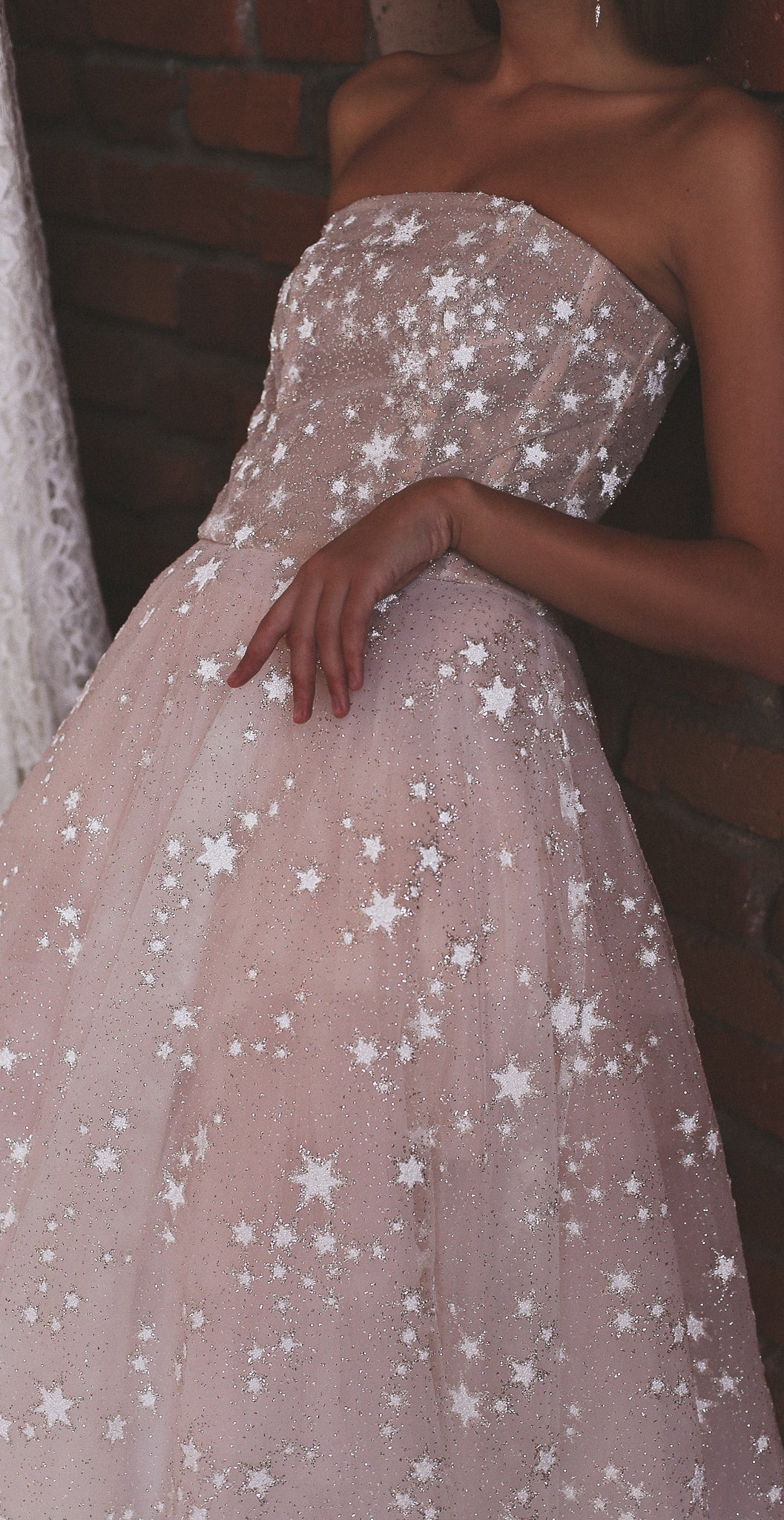 A Line Spaghetti Straps Tea Length Pearl Pink Prom Dress With Stars