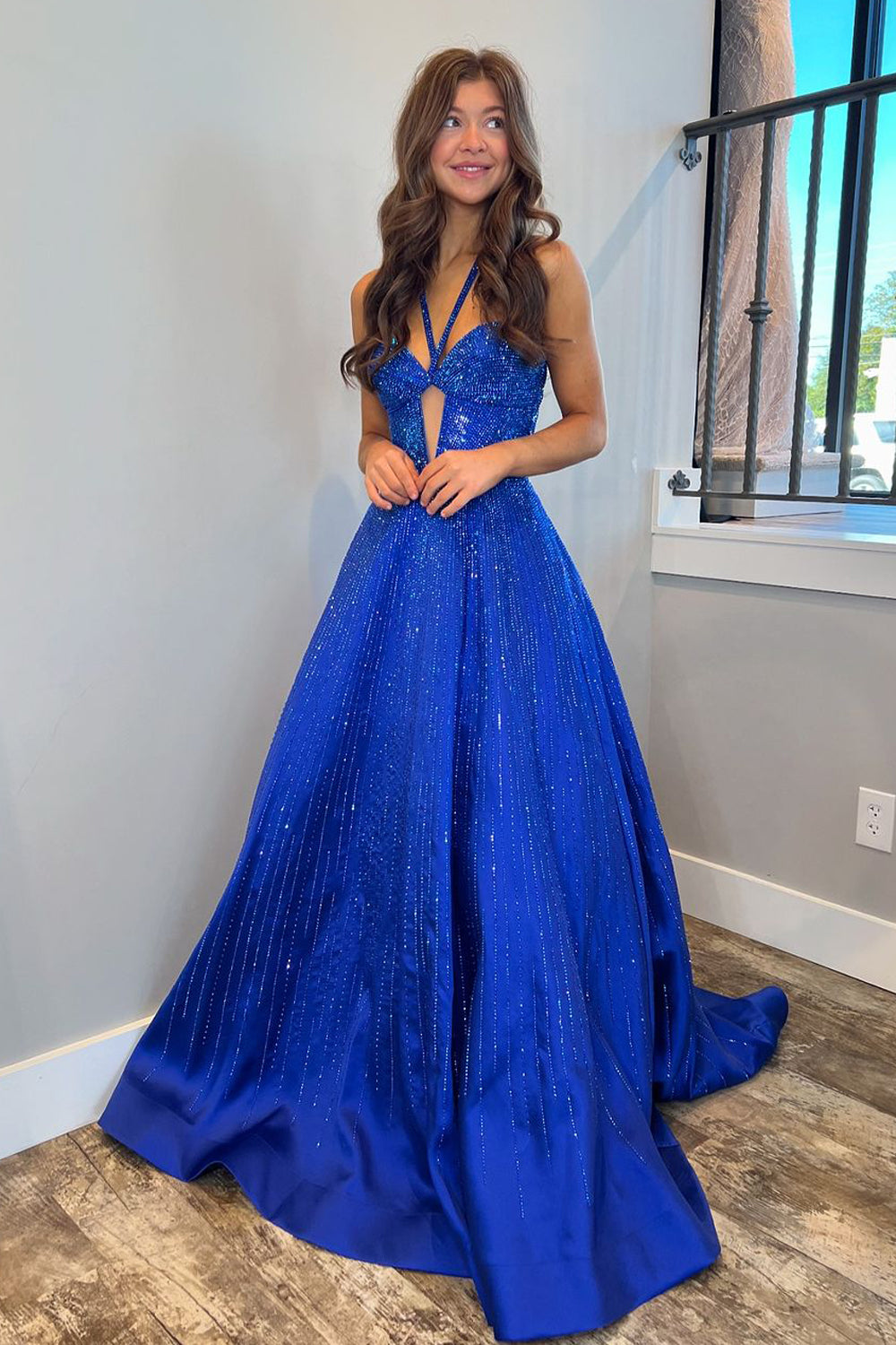 A Line V Neck Royal Blue Satin Prom Dresses with Beading