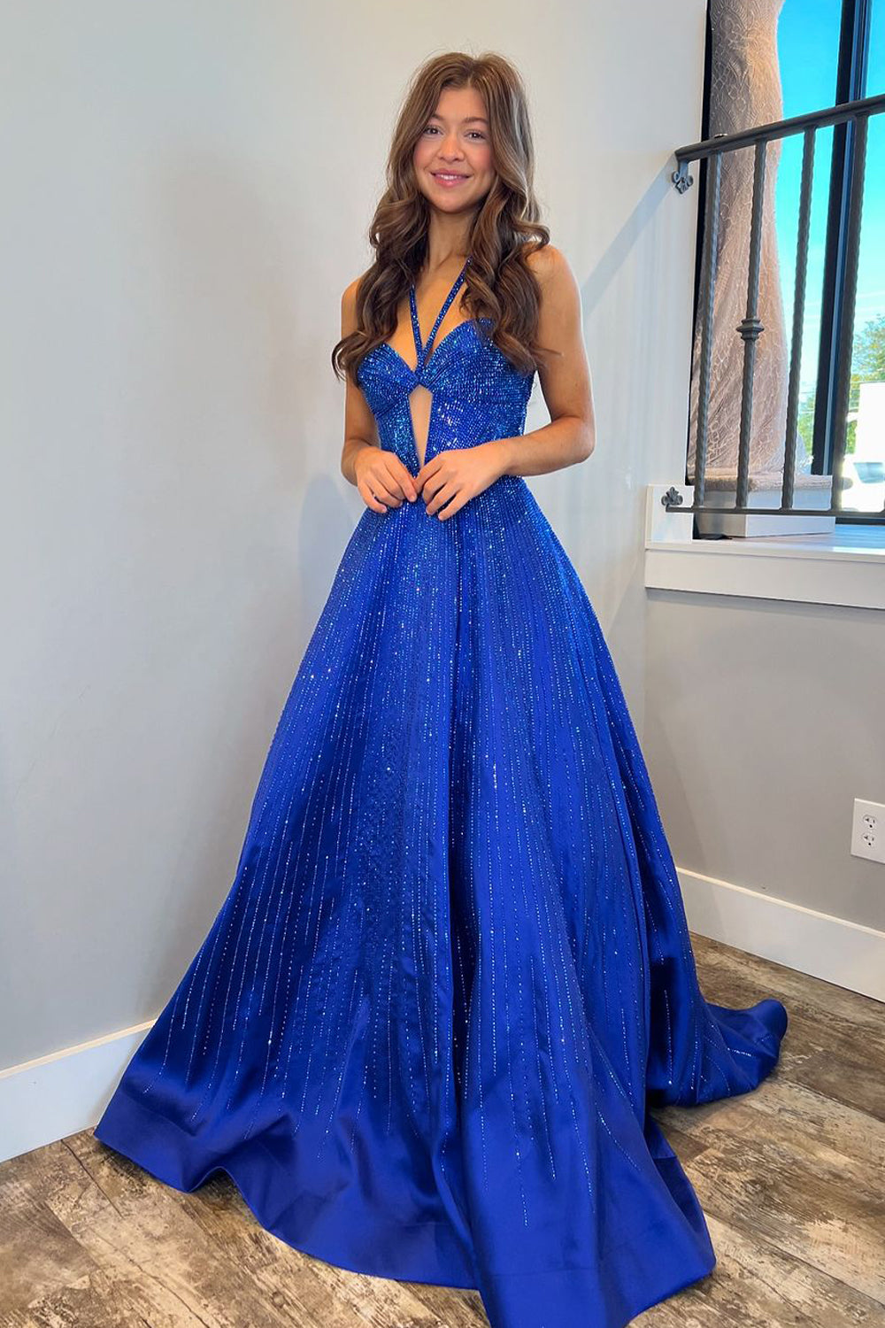 A Line V Neck Royal Blue Satin Prom Dresses with Beading