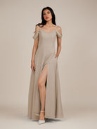 KissDress-Agate Almond A Line Chiffon Off the Shoulder Long Bridesmaid Dress