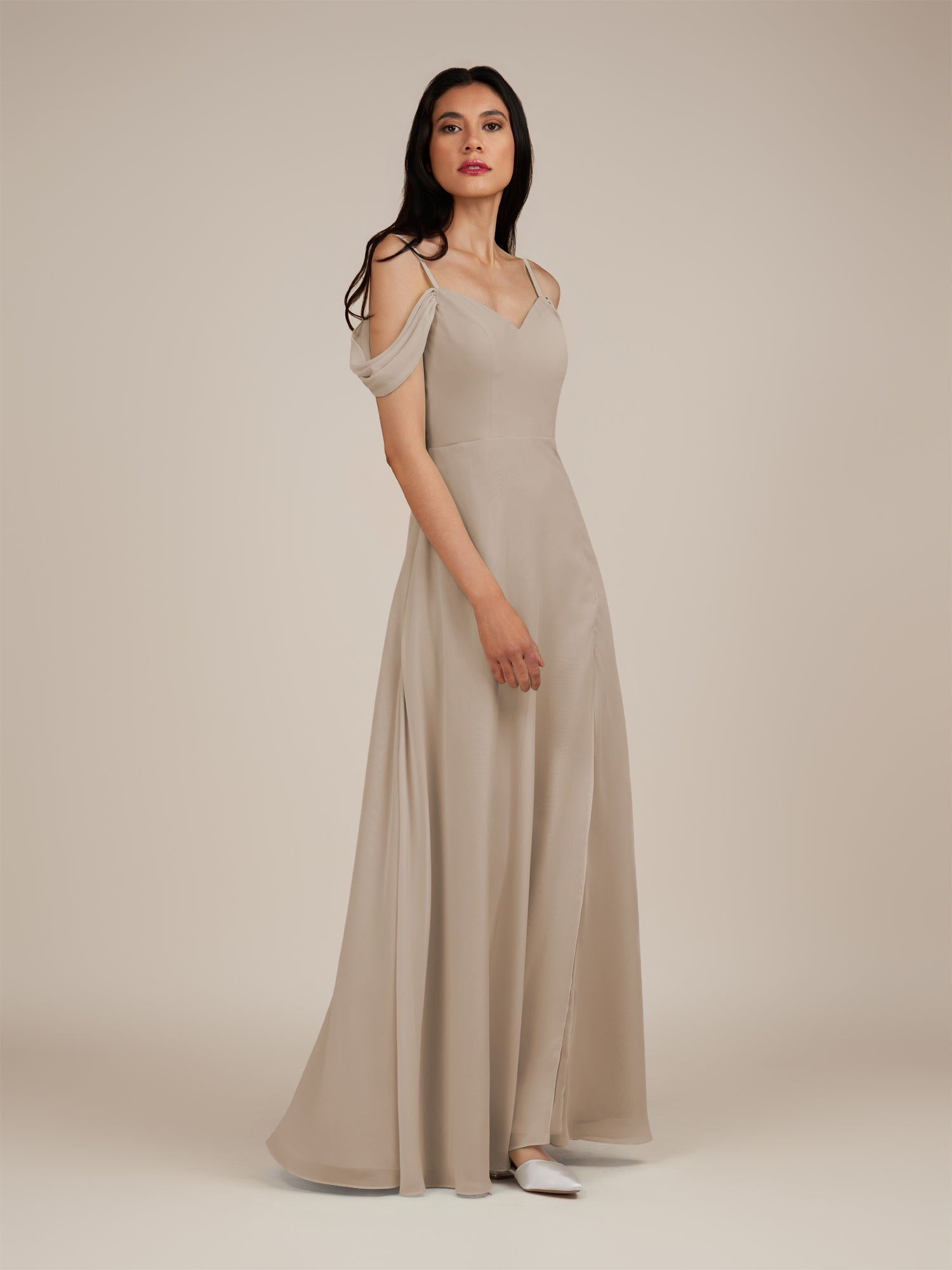 KissDress-Agate Almond A Line Chiffon Off the Shoulder Long Bridesmaid Dress