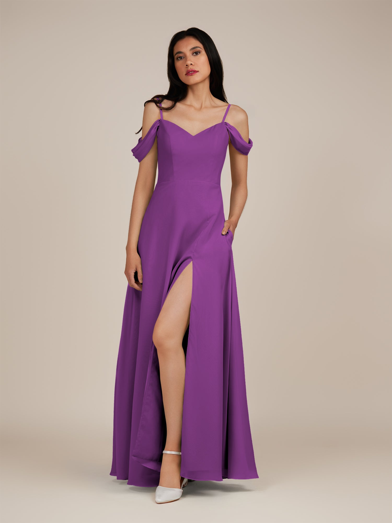KissDress-Agate Amethyst A Line Chiffon Off the Shoulder Long Bridesmaid Dress