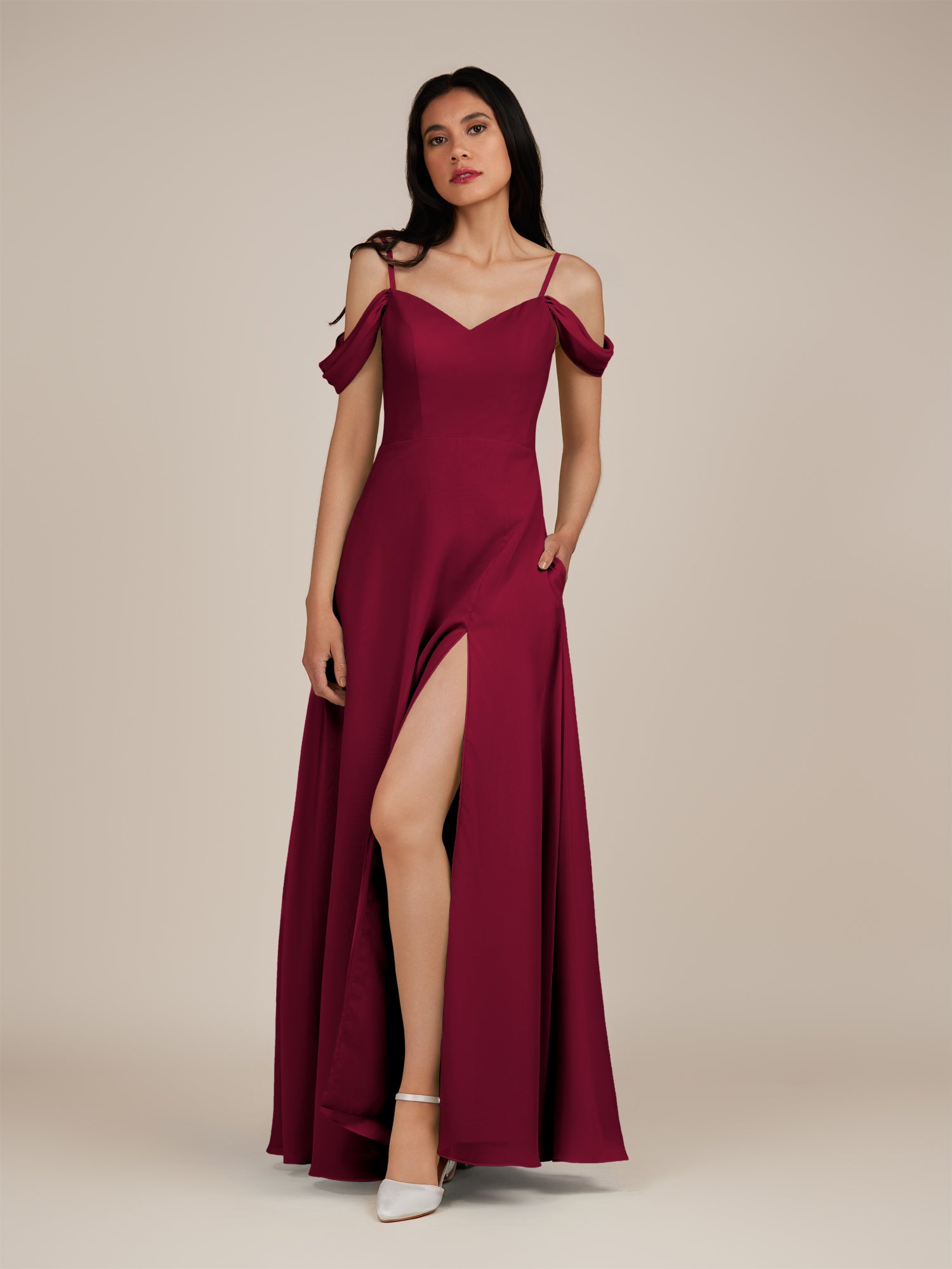 KissDress-Agate Berry A Line Chiffon Off the Shoulder Long Bridesmaid Dress