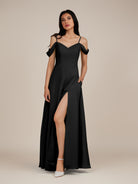 KissDress-Agate Black A Line Chiffon Off the Shoulder Long Bridesmaid Dress