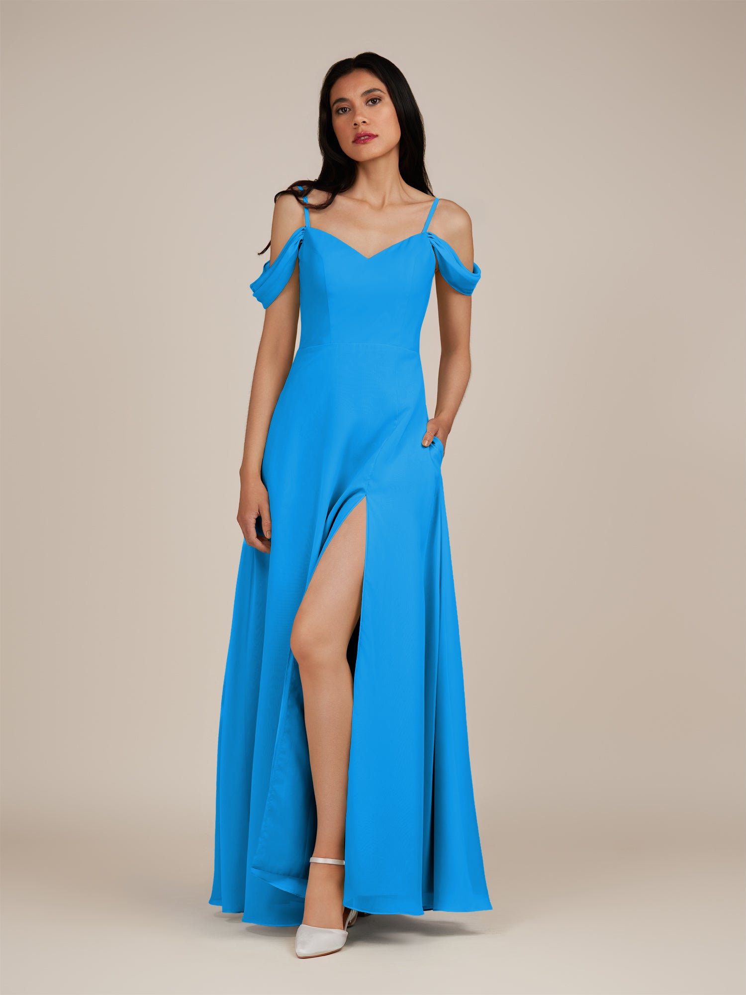 KissDress-Agate Blue Jay A Line Chiffon Off the Shoulder Long Bridesmaid Dress