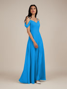 KissDress-Agate Blue Jay A Line Chiffon Off the Shoulder Long Bridesmaid Dress
