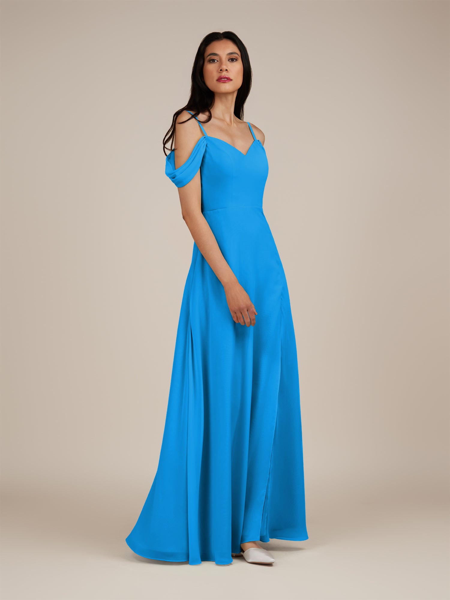 KissDress-Agate Blue Jay A Line Chiffon Off the Shoulder Long Bridesmaid Dress