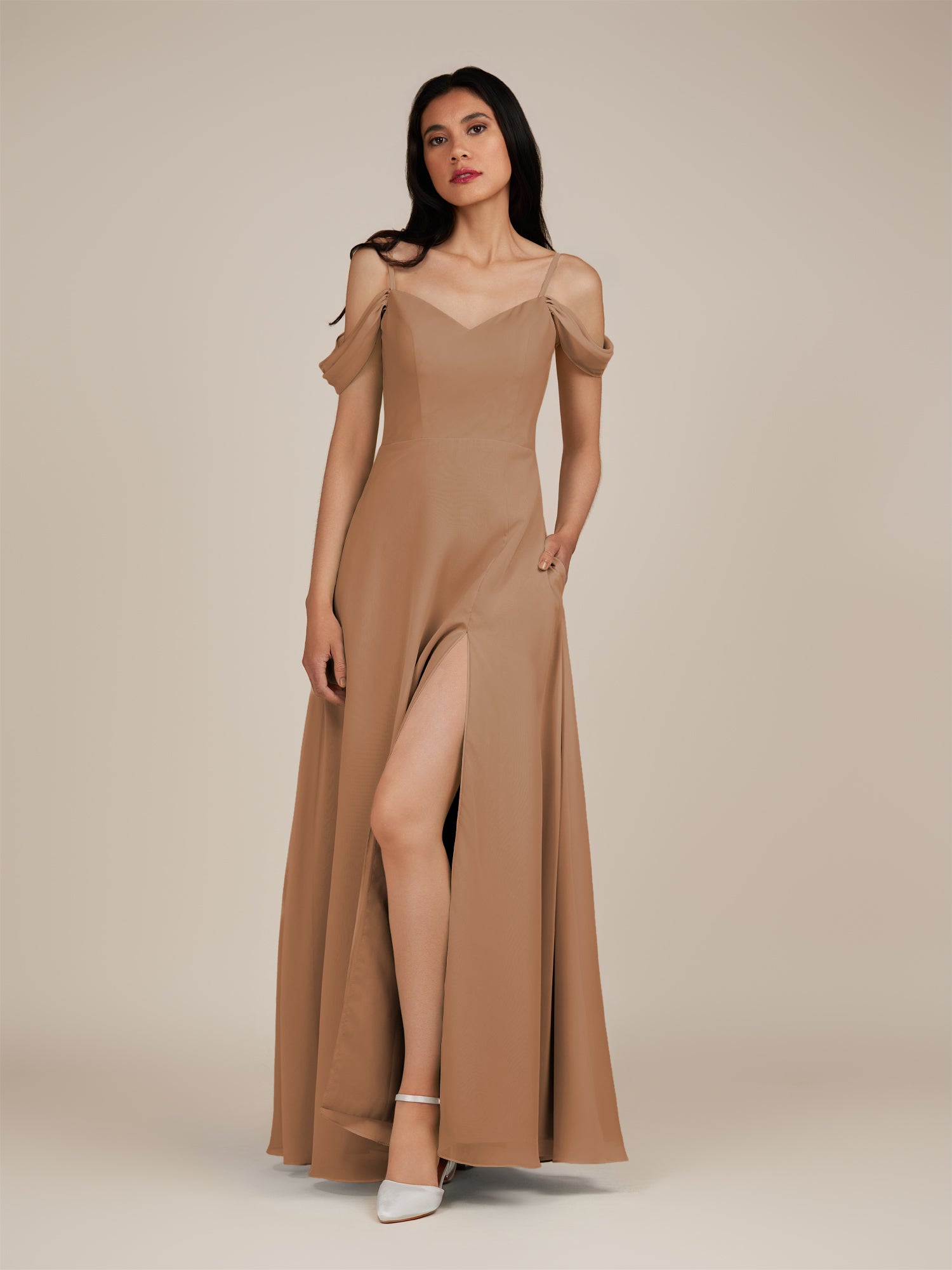 KissDress-Agate Bronzer A Line Chiffon Off the Shoulder Long Bridesmaid Dress