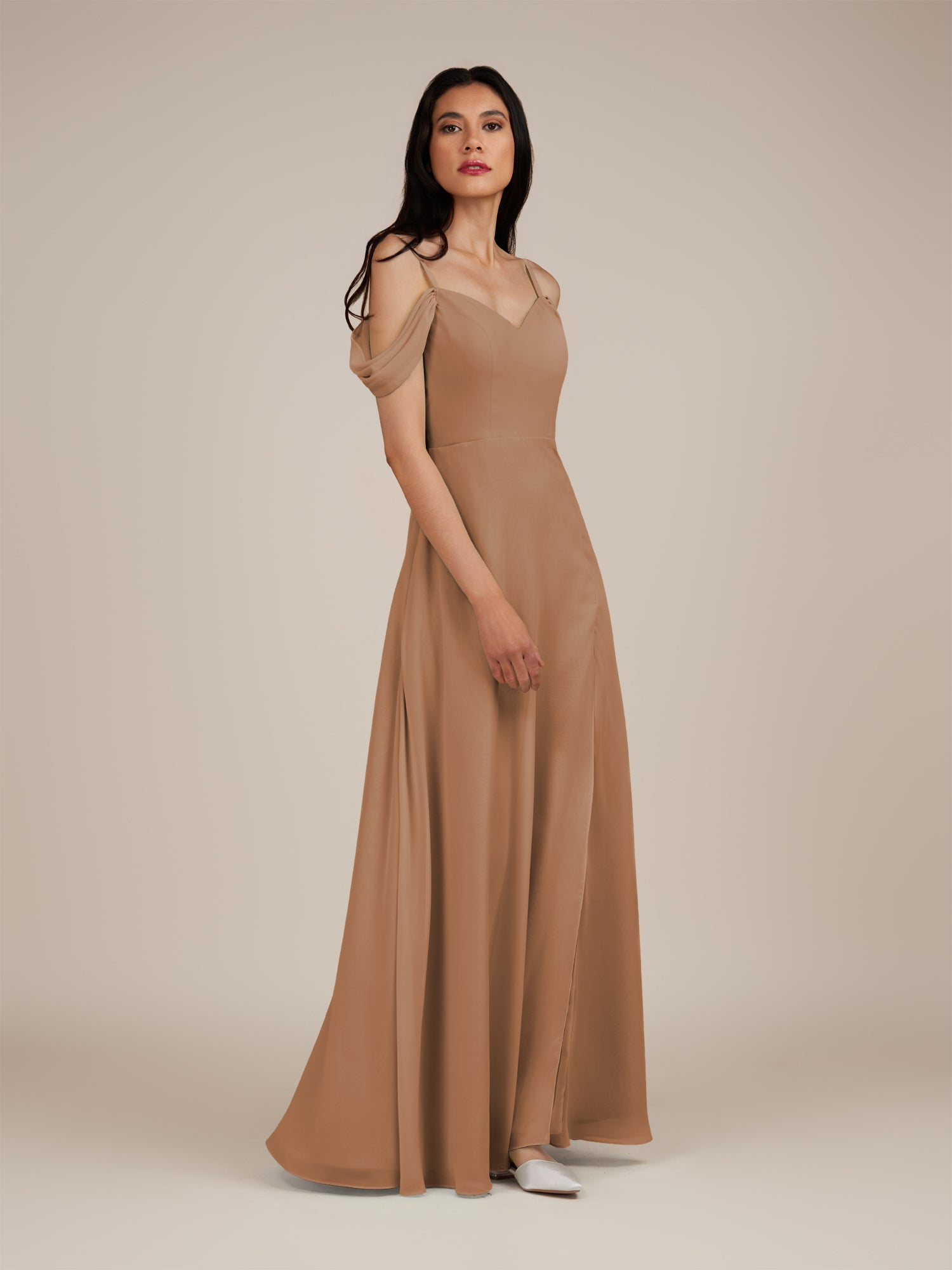 KissDress-Agate Bronzer A Line Chiffon Off the Shoulder Long Bridesmaid Dress