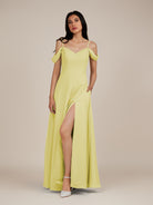 KissDress-Agate Buttercup A Line Chiffon Off the Shoulder Long Bridesmaid Dress