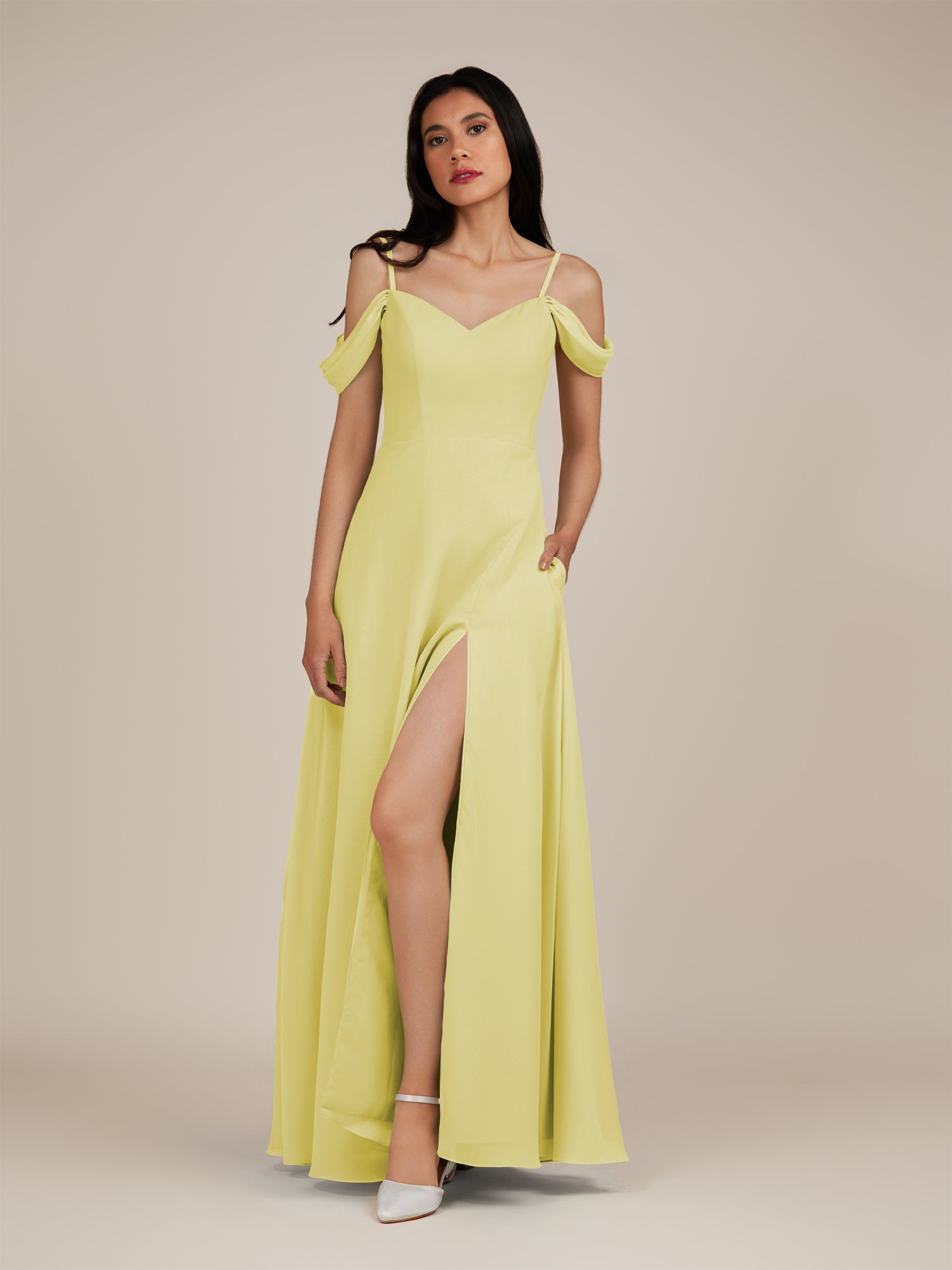 KissDress-Agate Buttercup A Line Chiffon Off the Shoulder Long Bridesmaid Dress