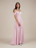 KissDress-Agate Candy Pink A Line Chiffon Off the Shoulder Long Bridesmaid Dress