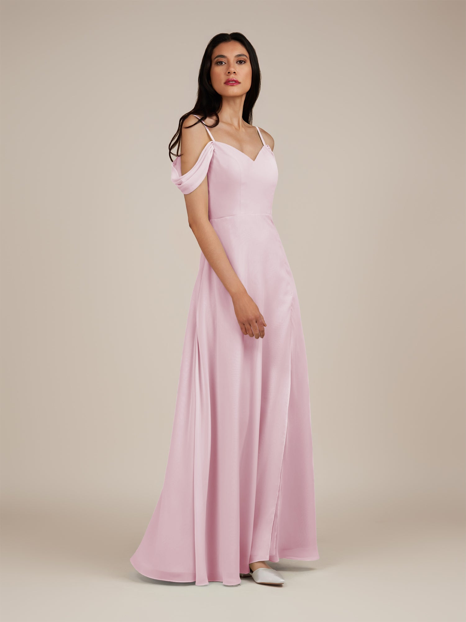 KissDress-Agate Candy Pink A Line Chiffon Off the Shoulder Long Bridesmaid Dress
