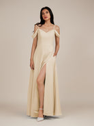 KissDress-Agate Champagne A Line Chiffon Off the Shoulder Long Bridesmaid Dress