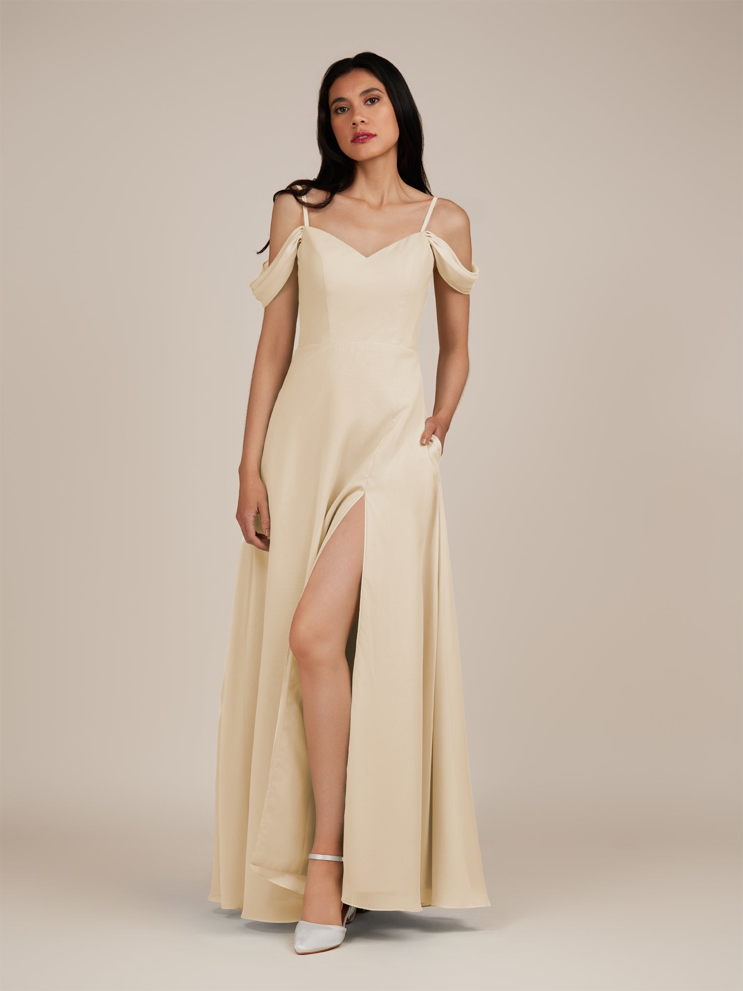 KissDress-Agate Champagne A Line Chiffon Off the Shoulder Long Bridesmaid Dress