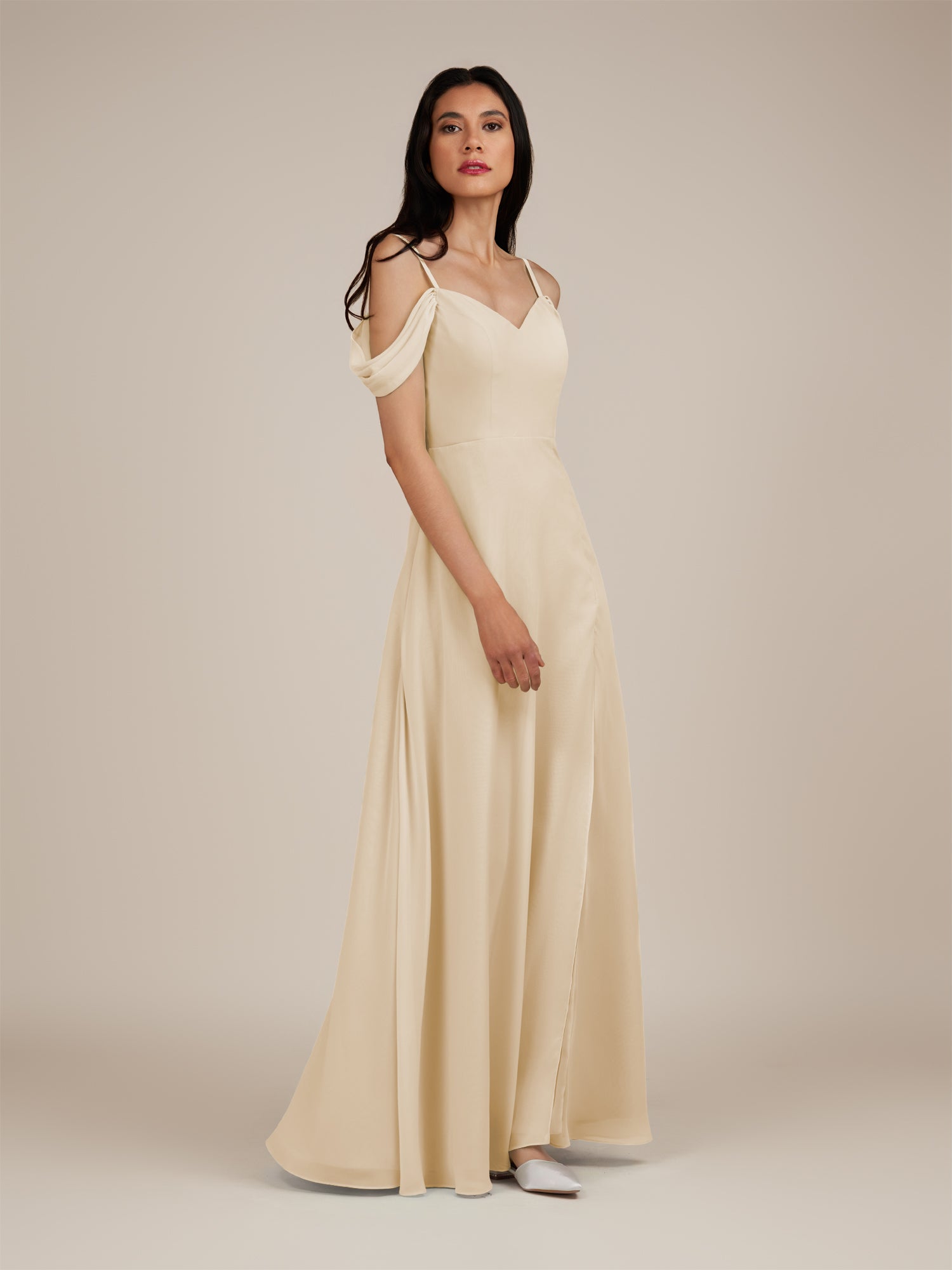 KissDress-Agate Champagne A Line Chiffon Off the Shoulder Long Bridesmaid Dress