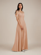 KissDress-Agate Champagne Rose A Line Chiffon Off the Shoulder Long Bridesmaid Dress